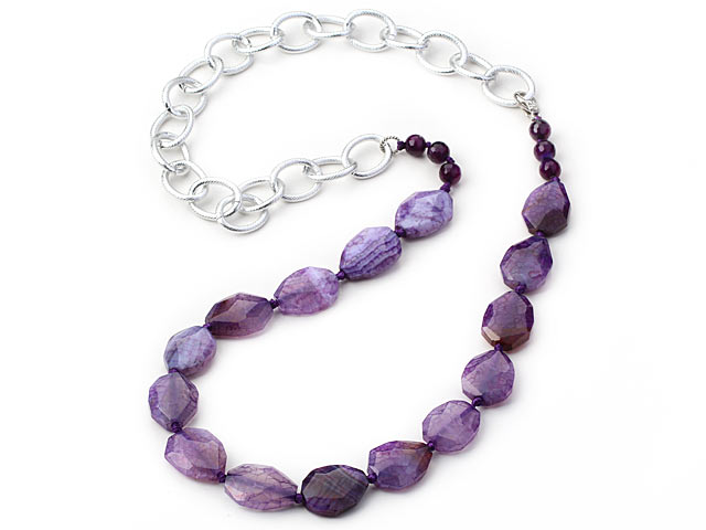 Purple Color Burst Pattern Crystallized Agate Knotted Necklace with Silver Color Metal Chain ( The Chain Can Be Deducted )