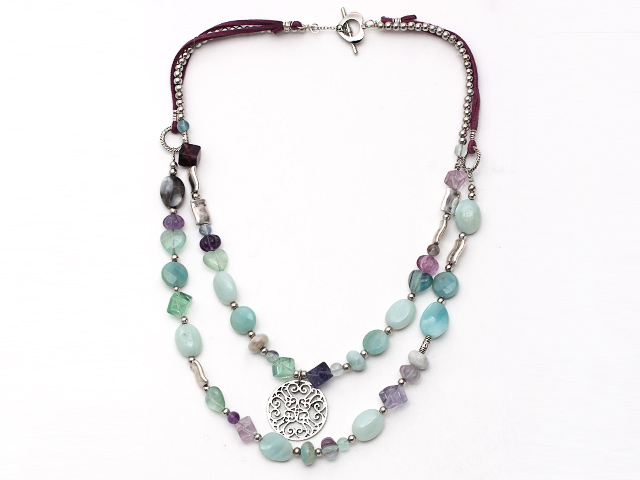 Two Layer Amazon Stone and Amethyst Necklace with Toggle Clasp