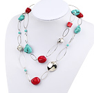 Fashion Long Style Red Coral And Blue Turquoise Loop Metal Charm Necklace, Sweater Necklace