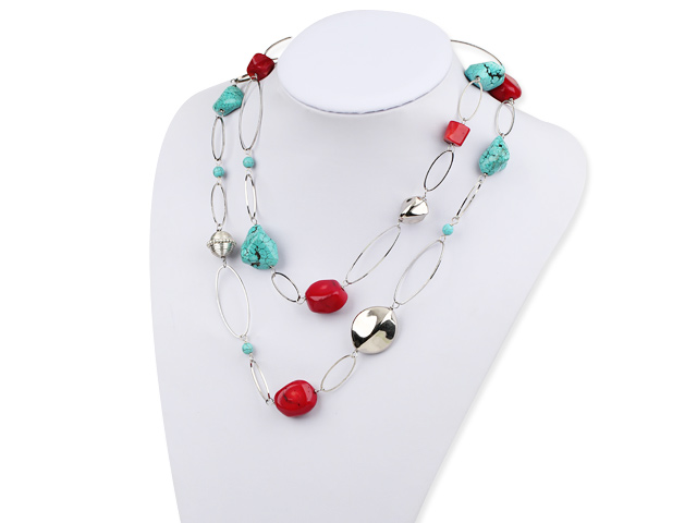 Fashion Long Style Red Coral And Blue Turquoise Loop Metal Charm Necklace, Sweater Necklace
