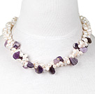 Fashion 2-Strand White Freshwater Pearl And Teardrop Amethyst Necklace With Moonight Clasp