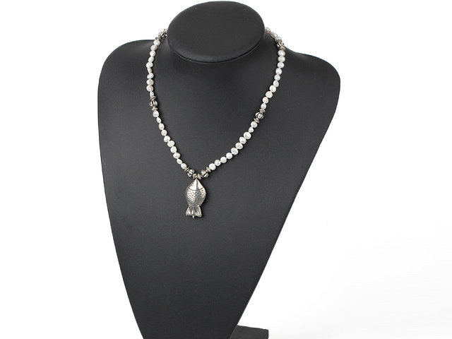 Classic White Fresh Water Pearl Metal Charm Fish Pendant Necklace