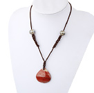 Fashion Large Red Jasper Pendant Necklace With Brown Thread