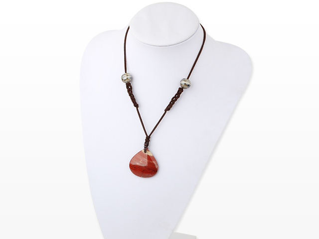 Fashion Large Red Jasper Pendant Necklace With Brown Thread