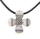 Fashion Fan Flower Shape Tibet Silver Pendant Necklace With Black Leather Cord