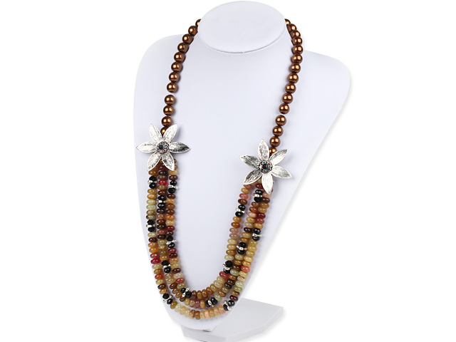 27.6 inches fashion three color jade and brown sea shell beads necklace