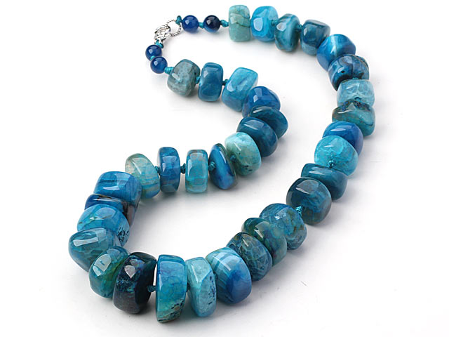 Blue Series Single Strand Brazil Wheel Shape Burst Pattern Blue Agate Knotted Necklace