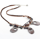 Fashion Brown And Black Freshwater Pearl Loop Shell Hand-Knitted Necklace With Brown Black Cords