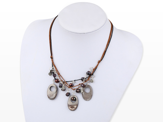 Fashion Brown And Black Freshwater Pearl Loop Shell Hand-Knitted Necklace With Brown Black Cords