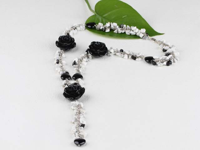 Y shape white turquoise black agate flower necklace