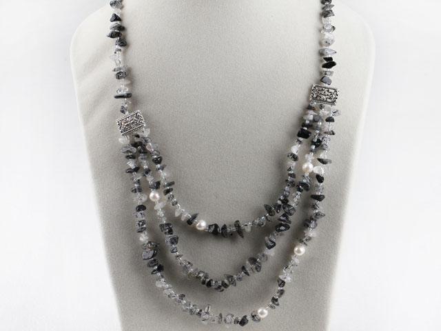 19.7 inches exquisite white pearl black rutilated quartz chips necklace