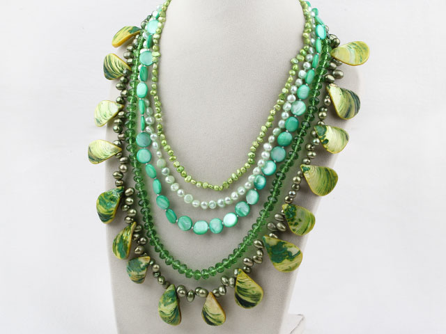 Green Series Multi Strands Green Freshwater Pearl Crystal and Green Shell Necklace