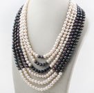 Six Strands 7-8mm Round White and Black Freshwater Pearl Necklace