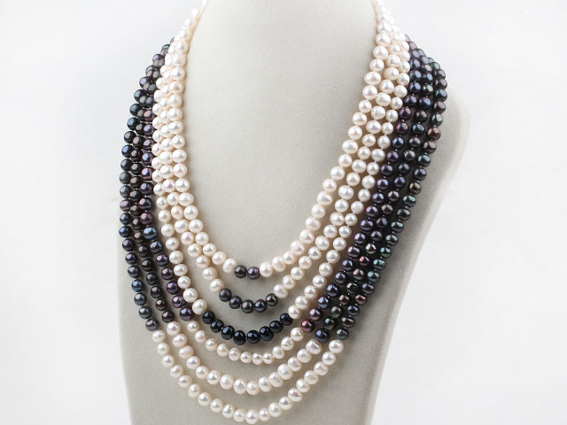 Six Strands 7-8mm Round White and Black Freshwater Pearl Necklace