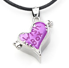 Fashion Style Hot Pink Color Crooked Heart Shape Wish Box Metal Pendant Necklace with Leather Thread