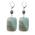 Fashion Black Freshwater Pearl And Rectangle Amazon Stone Earrings With Lever Back Hook