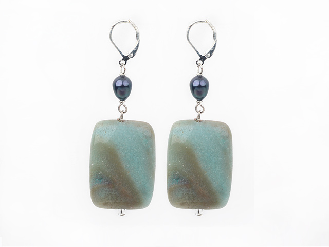 Fashion Black Freshwater Pearl And Rectangle Amazon Stone Earrings With Lever Back Hook