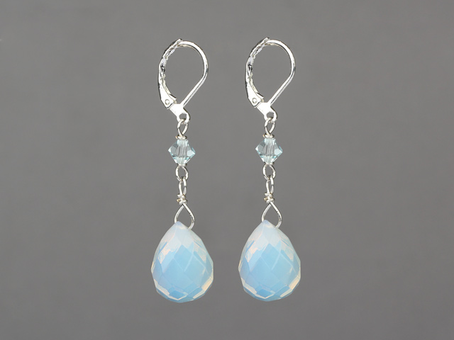 Beautiful Teardrop Opal And Aquamarine Blue Crystal Drop Earrings With Lever Back Hook