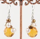Nice Golden Brown And White Freshwater Pearl And Citrine Loop Dangle Earrings With Fish Hook