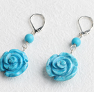 Lovely Blue Turquoise Rose Flower Dangle Earrings With Lever Back Hook