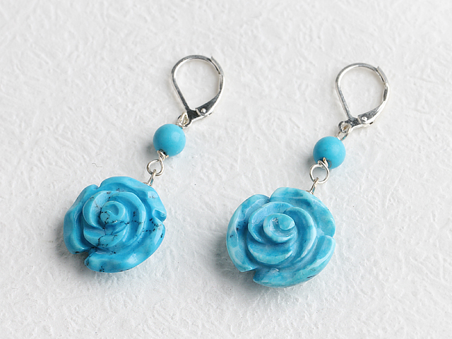 Lovely Blue Turquoise Rose Flower Dangle Earrings With Lever Back Hook