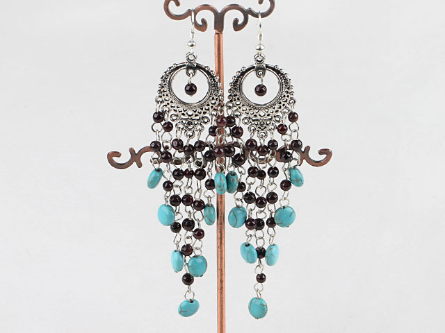 Nice Long Style Vintage Garnet And Blue Turquoise Loop Chain Dangle Earrings