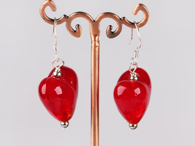 Lovely Short Style Deep Red Colored Glaze Heart Dangle Earrings With Fish Hook