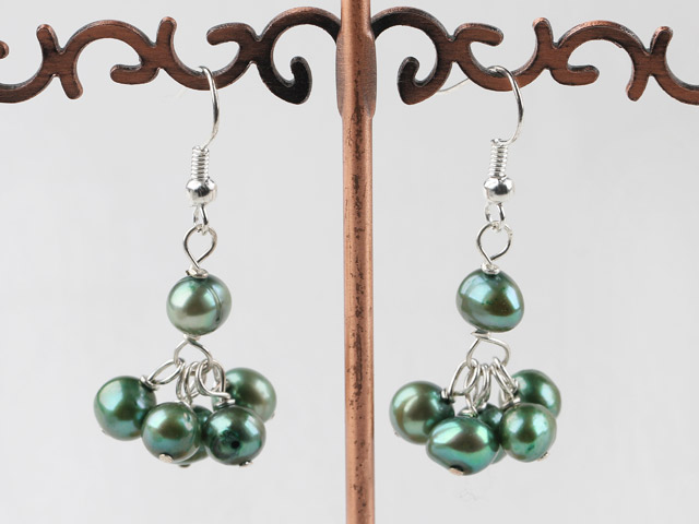 Popular Cluster Style Green Freshwater Pearl Dangle Earrings With Fish Hook