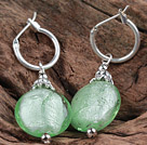 Fashion Flat Round Green Colored Glaze Dangle Earrings With Ear Hoops