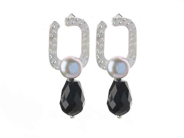 Fashion Style Purple Freshwater Pearl and Drop Shape Black Agate Stud Earrings