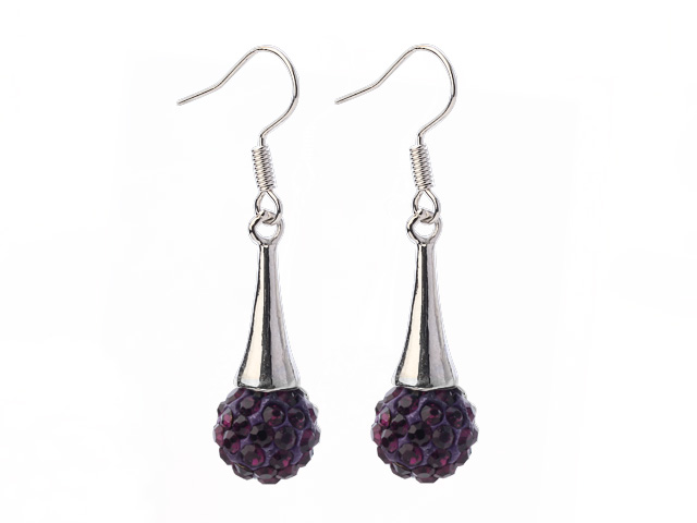 Fashion Simple Style 10mm Dark Purple Polymer Clay Rhinestone Horn Charm Earrings With Fish Hook