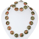 white pearl and green piebald stone necklace with matched bracelet