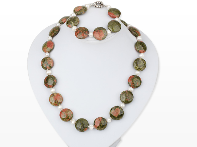 white pearl and green piebald stone necklace with matched bracelet