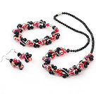 manmade black and red crystal necklace bracelet earring set