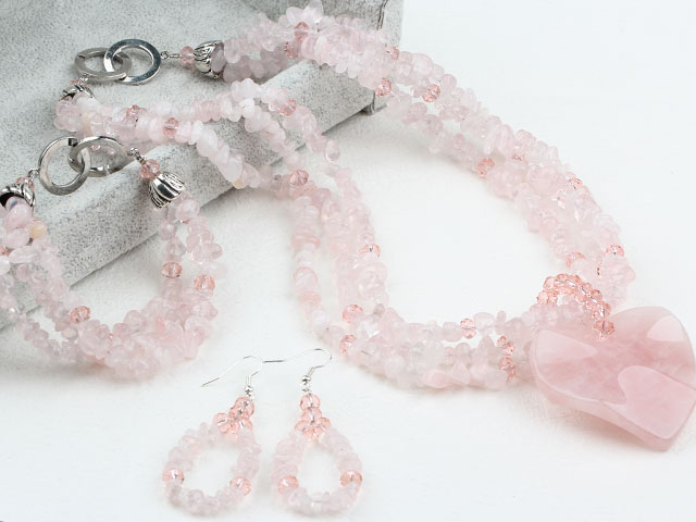 Rose Quartz Crystal Set (Necklace Bracelet and Matched Earrings)