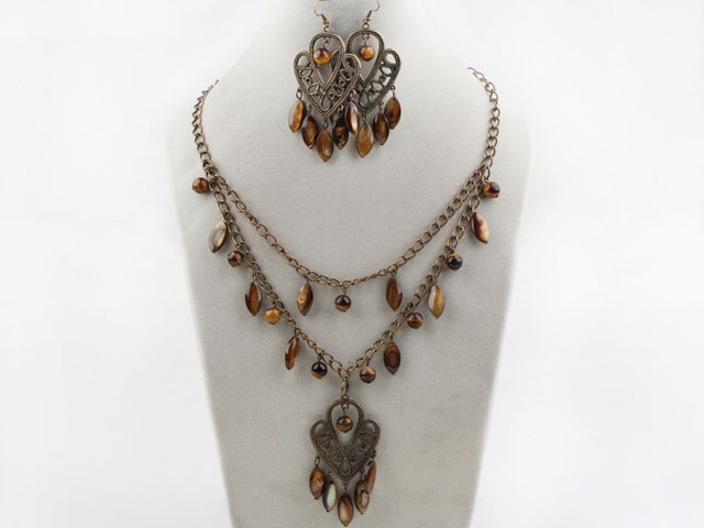 Vintage Style Tiger Eye and Shell Set ( Necklace with Matched Earrings )