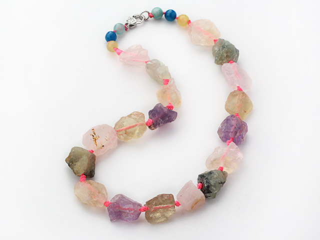 Chunky Style Multi Color Irregular Shape Rose Quartz and Citrine and Amethyst and Prehnite Necklace( The Stone May Not Be Complete )