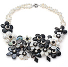 2013 Summer New Design White Freshwater Pearl and Black Agate Flower Necklace