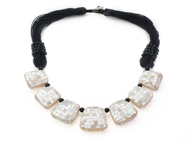 New Design Trapezium Shape White Mosaics Shell Necklace with Black Thread