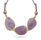 Purple Series Wire Wrapped Grinding Amethyst Stone Pendant Necklace with Purple Leather