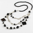 3 strand fashion black agate long style necklace