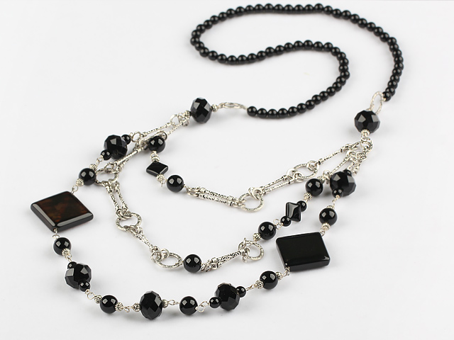 3 strand fashion black agate long style necklace