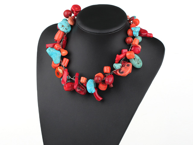 handwaved multi strand blue turquoise red coral necklace