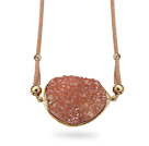 Pink Series Wire Wrapped Pink Crystallized Agate Pendant Necklace with Brown Leather