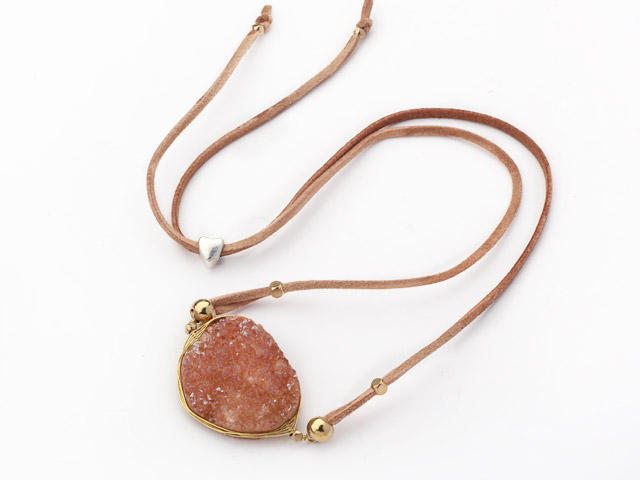 Pink Series Wire Wrapped Pink Crystallized Agate Pendant Necklace with Brown Leather