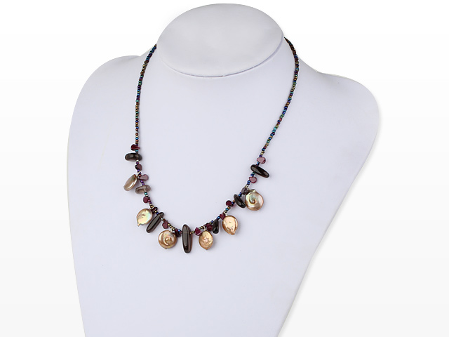 coin pearl smoky quartze garnet necklace with magnetic clasp