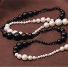 Elegant Long Style White Freshwater Pearl and Black Agate Beads Necklace