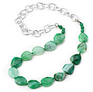 Green Color Burst Pattern Crystallized Agate Knotted Necklace with Silver Color Metal Chain ( The Chain Can Be Deducted )