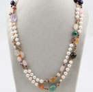 Two Strands White Freshwater Pearl and Multi Stone Necklace