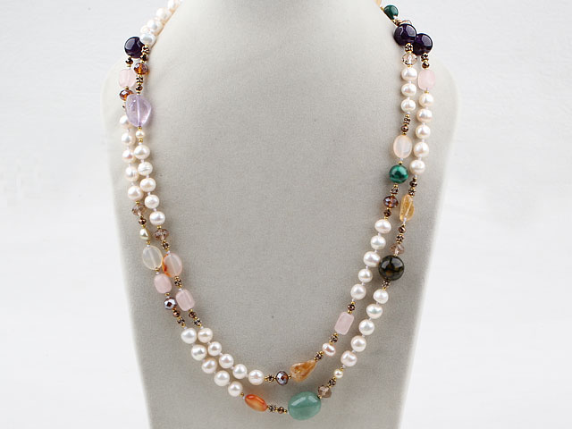 Two Strands White Freshwater Pearl and Multi Stone Necklace